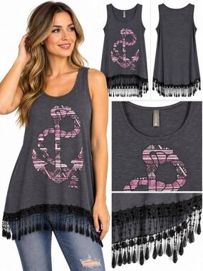 Vanity Gray Anchor Fringe Tank Top Size S